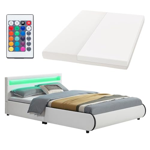 Juskys Polsterbett Sevilla 140x200 cm mit Matratze, LED Beleuchtung, Lattenrost & Kopfteil - Holz & Kunstleder - 16 Farbeinstellungen & Fernbedienung - Bett Jugendbett Einzelbett - Weiß von Juskys