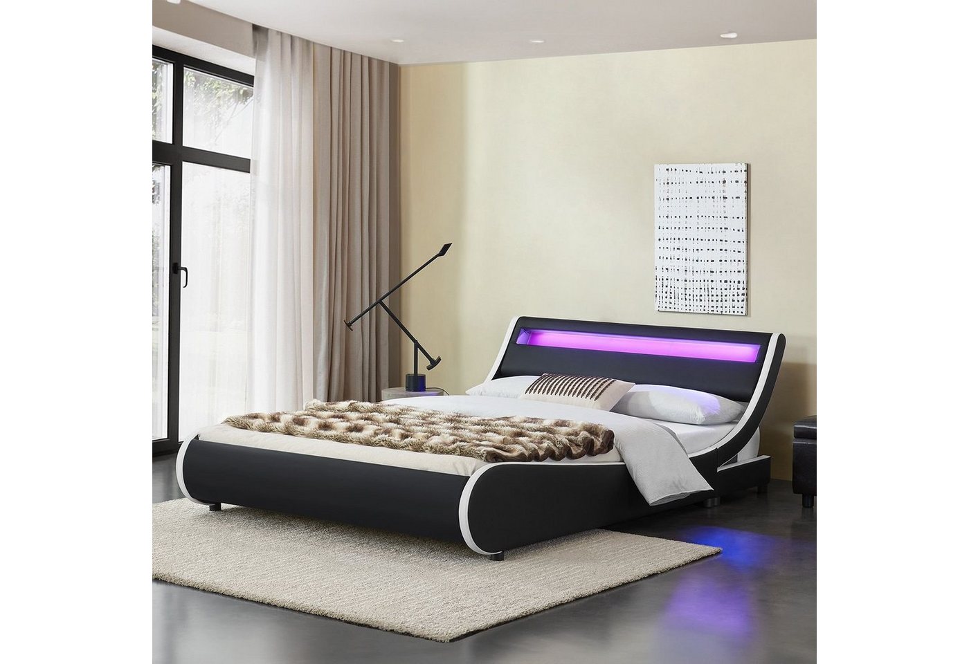 Juskys Polsterbett Valencia, 140 x 200 cm, Doppelbett mit Lattenrost, LED-Beleuchtung und Fernbedienung von Juskys