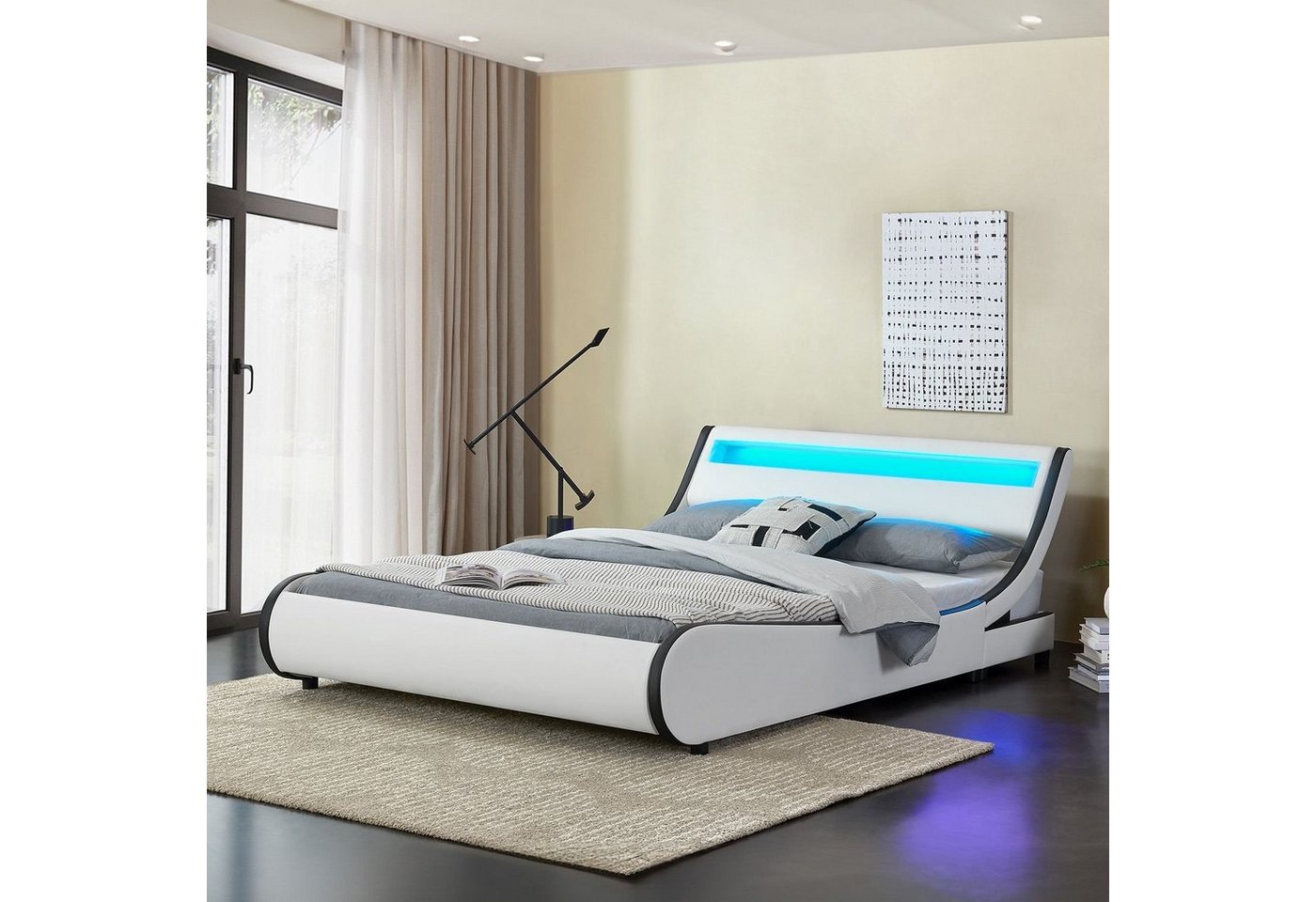 Juskys Polsterbett Valencia, 140 x 200 cm, Doppelbett mit Lattenrost, LED-Beleuchtung und Fernbedienung von Juskys