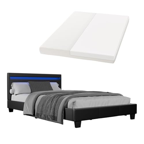 Juskys Polsterbett Verona 120x200 cm - Bett komplett mit LED-Beleuchtung, Matratze und Lattenrost - Kunstleder Bezug - schwarz - Jugendbett von Juskys