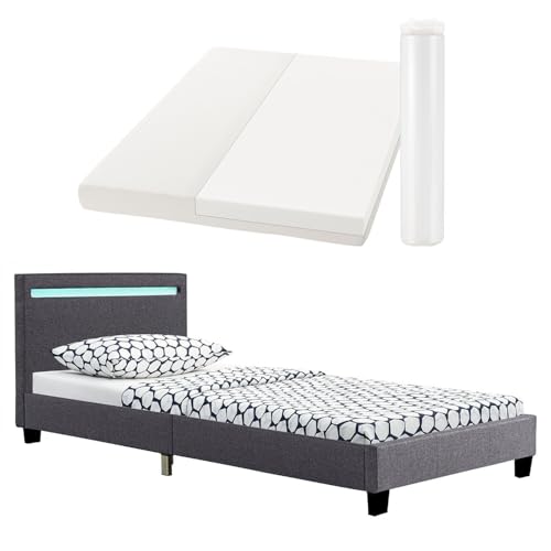 Juskys Polsterbett Verona 90x200 cm grau mit Matratze - Einzelbett + LED-Beleuchtung, Lattenrost & Kopfteil - Bett aus Holzgestell & Stoff-Bezug von Juskys