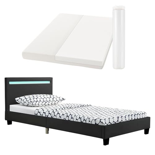 Juskys Polsterbett Verona 90x200 cm schwarz mit Matratze - Einzelbett & LED-Beleuchtung, Lattenrost & Kopfteil - Bett aus Holz & Kunstleder-Bezug von Juskys