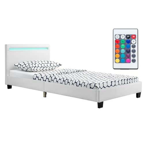 Juskys Polsterbett Verona 90x200 cm weiß mit Matratze - Einzelbett + LED-Beleuchtung, Lattenrost & Kopfteil - Bett aus Holzgestell & Kunstleder-Bezug von Juskys