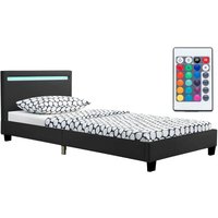 Juskys Polsterbett Verona – Bettgestell mit LED-Beleuchtung, Lattenrost & Kopfteil – Bett aus Holz & Kunstleder – Jugendbett 90 x 200 cm in Schwarz von Juskys