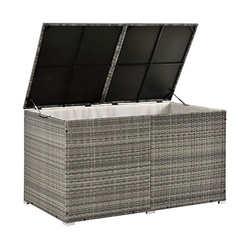 Juskys Polyrattan Auflagenbox Ikaria 950 L inkl. Deckel mit Hubautomatik & Innenplane - Kissenbox 145 x 82 x 79 cm für Garten - Gartenbox grau-meliert von Juskys