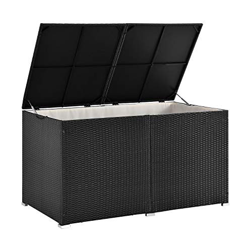 Juskys Polyrattan Auflagenbox Ikaria 950 L inkl. Deckel mit Hubautomatik & Innenplane - Kissenbox 145 x 82 x 79 cm für Garten - Gartenbox schwarz von Juskys