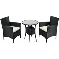 Juskys Polyrattan Balkon Set Bayamo 2 Personen – Tisch mit Glasplatte & 2 Stühlen – Wetterfeste Balkonmöbel – Auflagen waschbar – schwarz – creme von Juskys