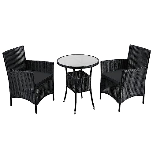 Juskys Polyrattan Balkon Set Bayamo 2 Personen - Tisch mit Glasplatte & 2 Stühlen - Wetterfeste Balkonmöbel - Auflagen waschbar - schwarz - grau von Juskys