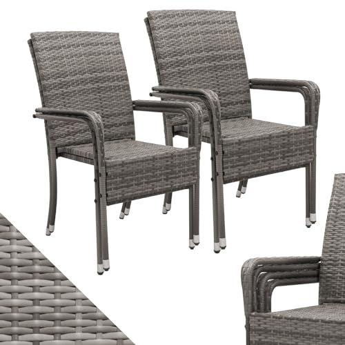 Juskys Polyrattan Gartenstühle Yoro 4er Set mit Armlehnen & Rückenlehne - 4 Stühle stapelbar - Rattan Stuhl Garten - Stapelstuhl Grau-meliert von Juskys