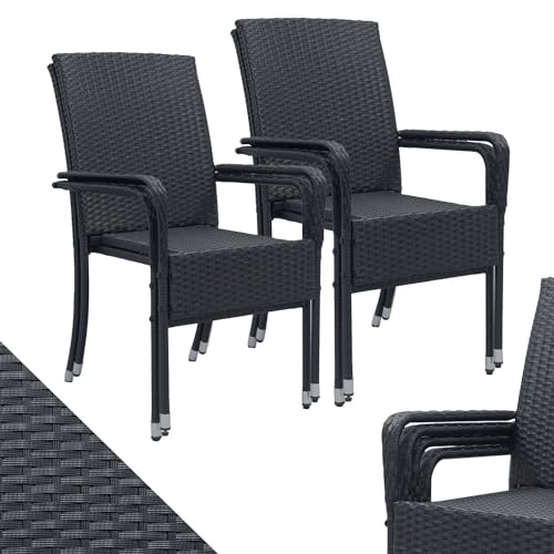 Juskys Polyrattan Gartenstühle Yoro 4er Set mit Armlehnen & Rückenlehne - 4 Stühle stapelbar - Rattan Stuhl Garten - Stapelstuhl Schwarz von Juskys