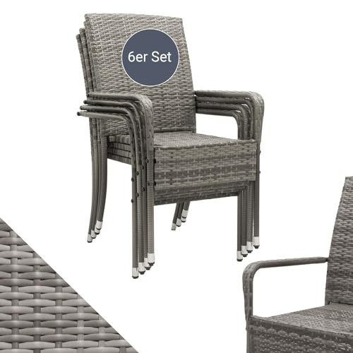 Juskys Polyrattan Gartenstühle Yoro 6er Set - mit Armlehnen & Rückenlehne 6 Stühle stapelbar - Rattan Stuhl Garten - Stapelstuhl Grau-meliert von Juskys