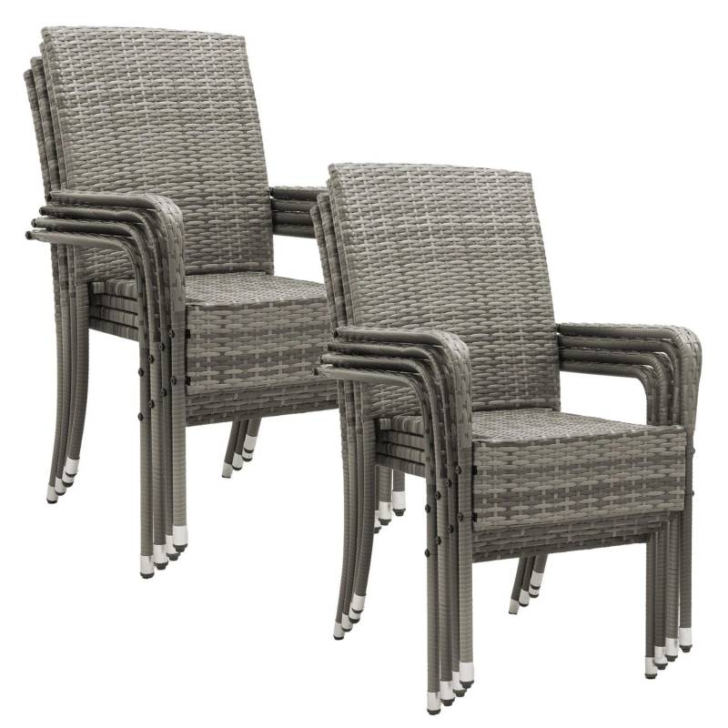 Juskys Polyrattan Gartenstühle Yoro 8er Set Stapelbar mit Armlehnen Grau Meliert von Juskys