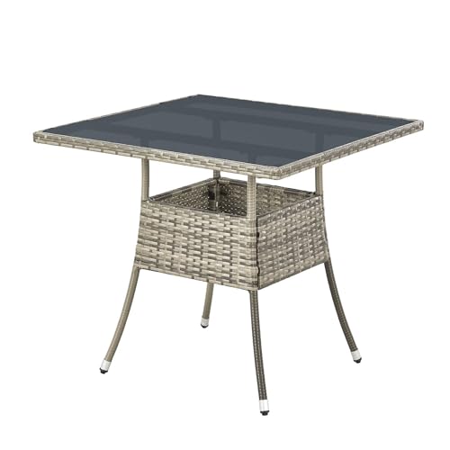 Juskys Polyrattan Gartentisch Yoro wetterfest - Balkontisch 80x80 cm eckig - Rattan Beistelltisch mit Glasplatte - Kleiner Tisch für Balkon - Grau von Juskys