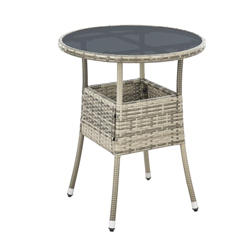 Juskys Polyrattan Gartentisch Yoro wetterfest - Balkontisch Ø 60 cm rund - Rattan Beistelltisch mit Glasplatte - Kleiner Tisch für Balkon - Grau von Juskys