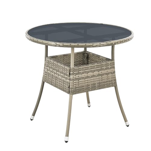 Juskys Polyrattan Gartentisch Yoro wetterfest - Balkontisch Ø 80 cm rund - Rattan Beistelltisch mit Glasplatte - Kleiner Tisch für Balkon - Grau von Juskys