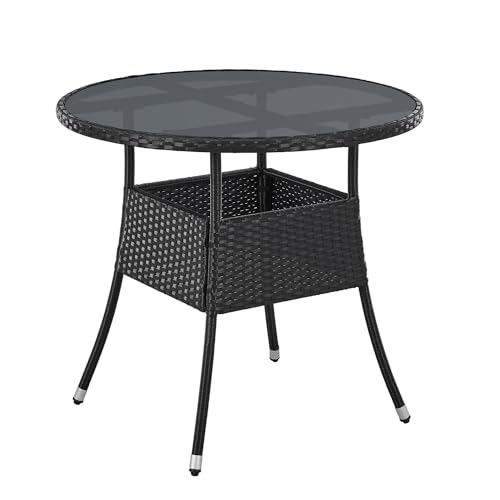 Juskys Polyrattan Gartentisch Yoro wetterfest - Balkontisch Ø 80 cm rund - Rattan Beistelltisch mit Glasplatte - Kleiner Tisch für Balkon - Schwarz von Juskys