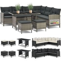 Polyrattan Lounge Manacor – Gartenlounge mit Sofa, Tisch, 2 Hocker & Kissen – Gartenmöbel Set bis 7 Personen – Grau-meliert, Sitzbezüge in Grau von Juskys