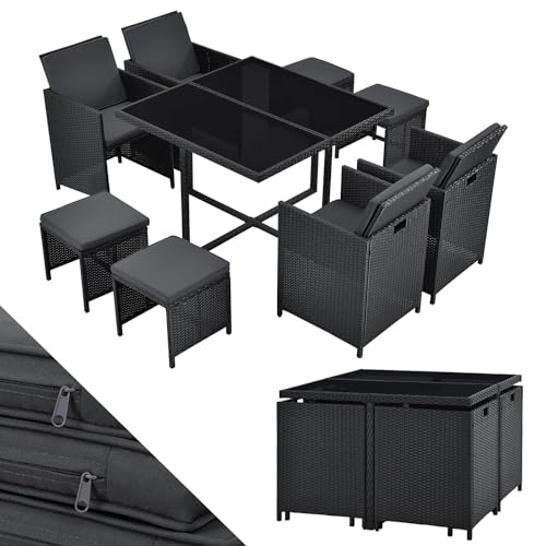 Juskys Polyrattan Sitzgruppe Baracoa L 9-teilig wetterfest, stapelbar - 4 Stühle, 4 Hocker, Tisch mit Glasplatte, Kissen - 8 Personen - Gartenmöbel Set für Garten, Terrasse von Juskys