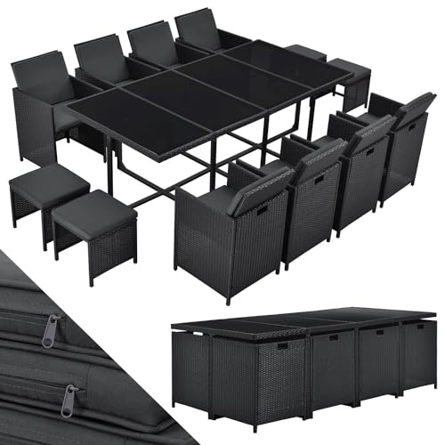 Juskys Polyrattan Sitzgruppe Baracoa XXL 13-teilig wetterfest & stapelbar - 8 Stühle, 4 Hocker, Tisch mit Glasplatte & Kissen - 12 Personen - Gartenmöbel Set für Garten & Terrasse von Juskys