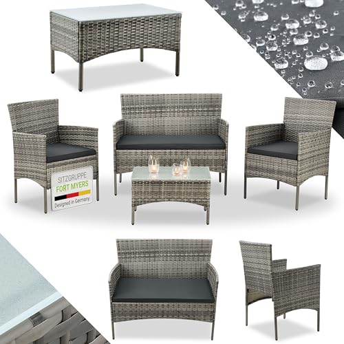 Juskys Polyrattan Sitzgruppe Fort Myers 4 Personen mit 2er Sofa, 2 Stühle, Tisch & Sitzkissen wetterfest grau-meliert Balkonmöbel Gartenmöbel Set von Juskys