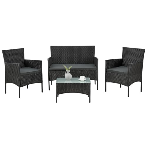 Juskys Polyrattan Sitzgruppe Fort Myers 4 Personen mit 2er Sofa, 2 Stühle, Tisch & Sitzkissen wetterfest schwarz/grau Balkonmöbel Gartenmöbel Set von Juskys