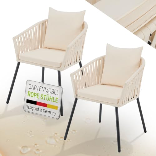 Juskys Rope Gartenstühle 2er Set wetterfest - bis 160 kg belastbar - Sitz- & Rückenkissen aus Polyester - 2 Stühle aus Stahl & Polypropylen für Garten, Terrasse & Balkon - Beige von Juskys