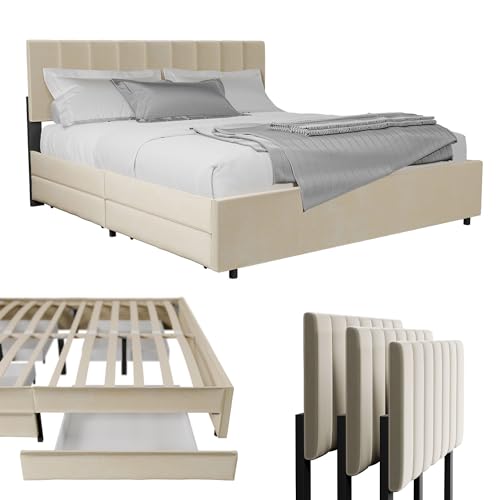 Juskys Samt Polsterbett Soria 180x200 cm mit Matratze, Lattenrost & Schubladen - modernes Bett - Kopfteil höhenverstellbar - Doppelbett Beige von Juskys