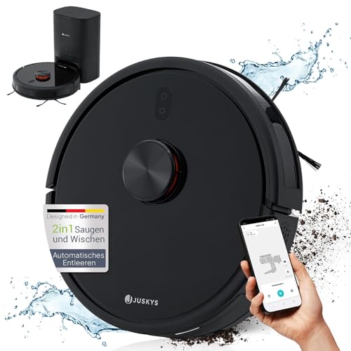 Juskys Saugroboter EcoTrek M300 mit Absaugstation und Wischfunktion - Staubsauger Roboter, Laser LDS-Navigation, App-Steuerung - Tierhaare, Teppiche von Juskys