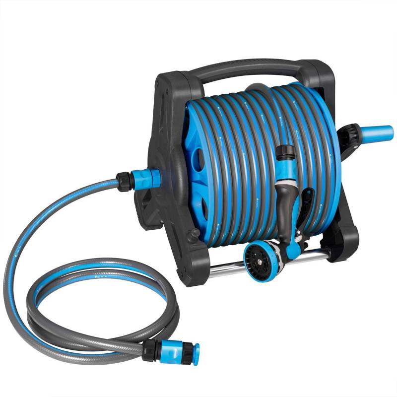 Juskys Schlauchtrommel Basic mit 30m Wasserschlauch und Multifunktionshandbrause blau dunkelgrau von Juskys