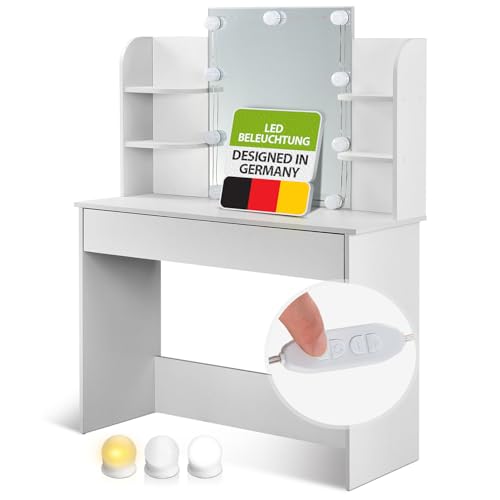 Juskys Schminktisch Bella mit LED Beleuchtung, Spiegel, Schublade & 4 Ablagefächern - 108 x 40 x 140 cm - Holz - Weiß - Kosmetiktisch Frisiertisch Juskys Schminktisch Bella mit LED Beleuchtung, Spiegel, Schublade & 4 Ablagefächern - 108 x 40 x 140 cm - Holz - Weiß - Kosmetiktisch Frisiertisch von Juskys