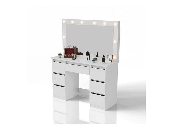 Juskys Schminktisch Lilia (1-St), LED-Beleuchtung, 3 Helligkeitsstufen, modern, 7 Schubladen, Stauraum, weiß von Juskys