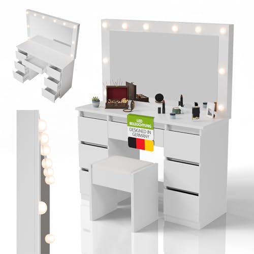 Juskys Schminktisch Lilia mit LED-Spiegel & Hocker Melly, individuelle Lichteinstellung, 7 Schubladen, viel Stauraum, modernes Design, kompakt & pflegeleicht — Weiß Juskys Schminktisch Lilia mit LED-Spiegel & Hocker Melly, individuelle Lichteinstellung, 7 Schubladen, viel Stauraum, modernes Design, kompakt & pflegeleicht — Weiß von Juskys