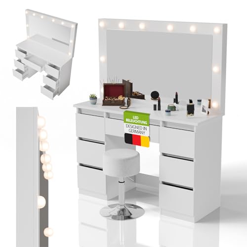 Juskys Schminktisch Lilia mit LED-Spiegel & Hocker Tonia, individuelle Lichteinstellung, 7 Schubladen, viel Stauraum, modernes Design, kompakt & pflegeleicht — Weiß Juskys Schminktisch Lilia mit LED-Spiegel & Hocker Tonia, individuelle Lichteinstellung, 7 Schubladen, viel Stauraum, modernes Design, kompakt & pflegeleicht — Weiß von Juskys