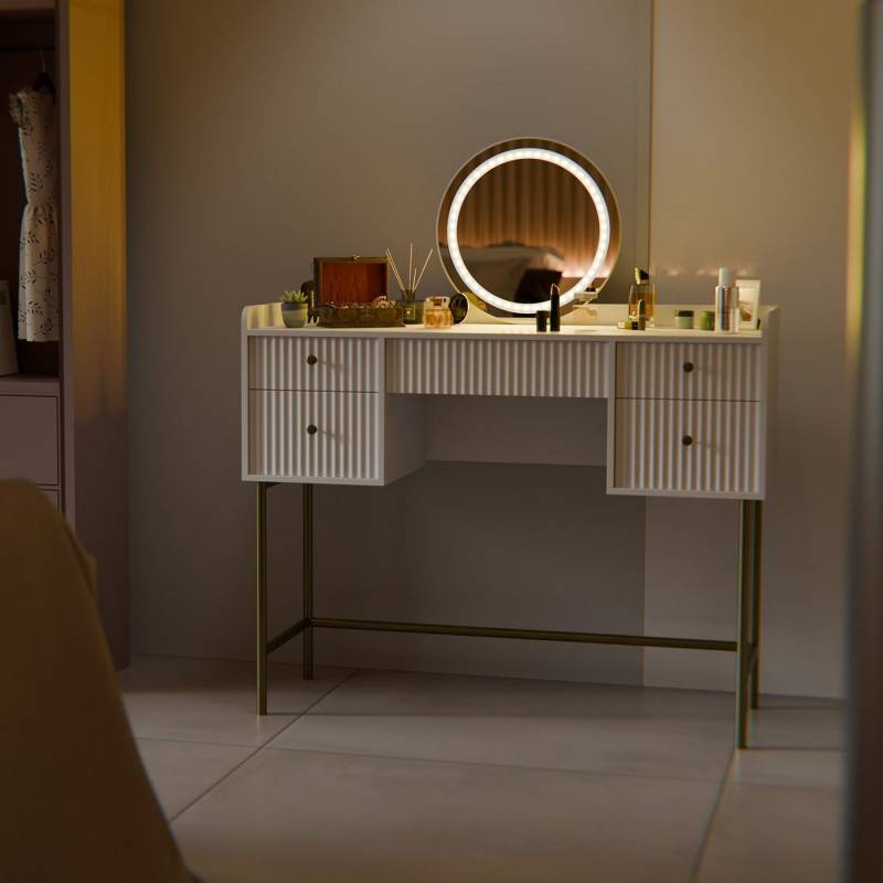 Juskys Schminktisch Samira (1-St), Touch-LED-Spiegel, goldfarbene Beine, 5 Schubladen von Juskys