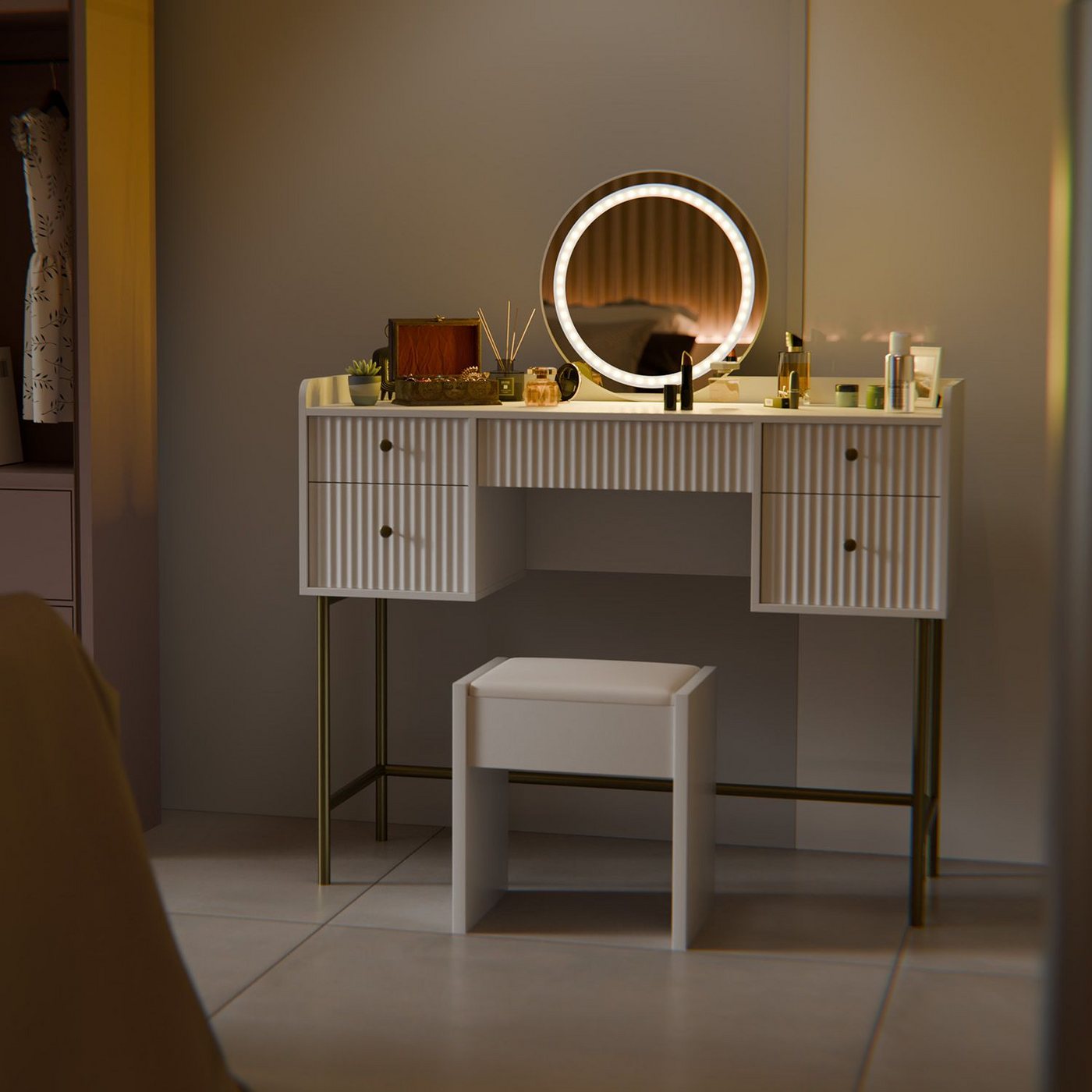 Juskys Schminktisch Samira (2-St), Inkl. Hocker, Touch-LED-Spiegel, goldfarbene Beine, 5 Schubladen von Juskys