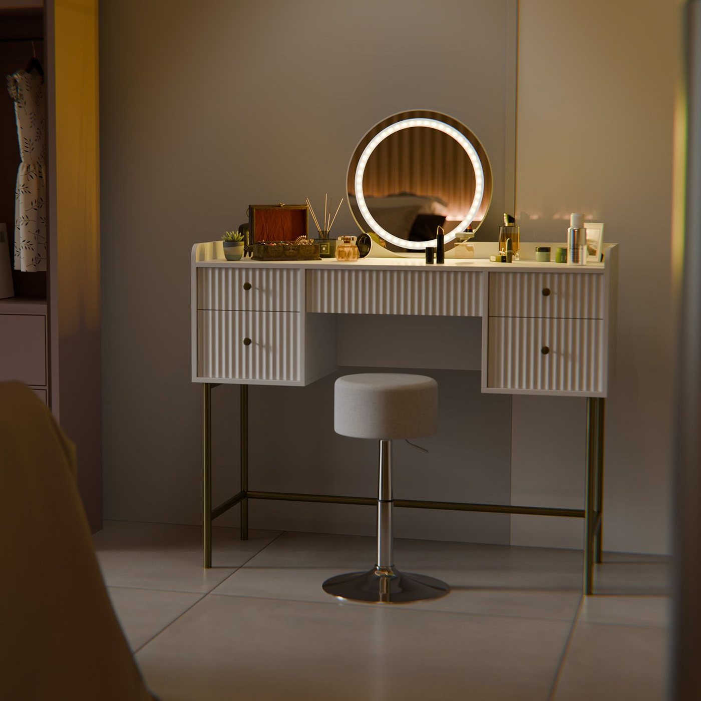 Juskys Schminktisch Samira (2-St), Inkl. Hocker, Touch-LED-Spiegel, goldfarbene Beine, 5 Schubladen von Juskys