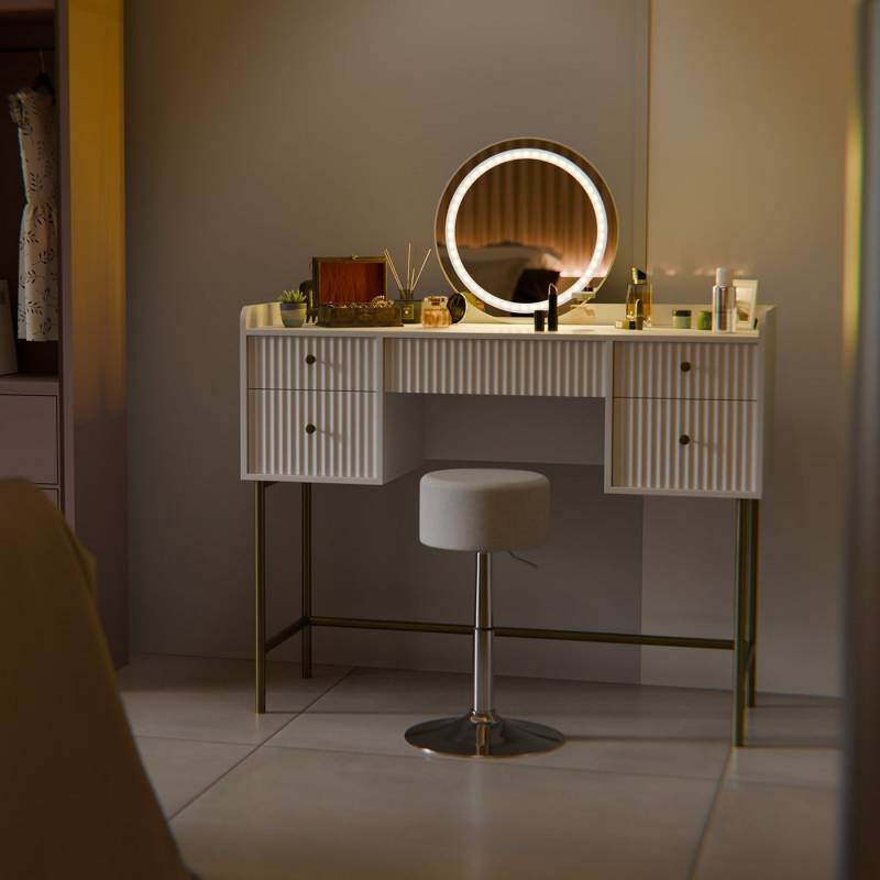 Juskys Schminktisch Samira (2-St), Inkl. Hocker, Touch-LED-Spiegel, goldfarbene Beine, 5 Schubladen von Juskys