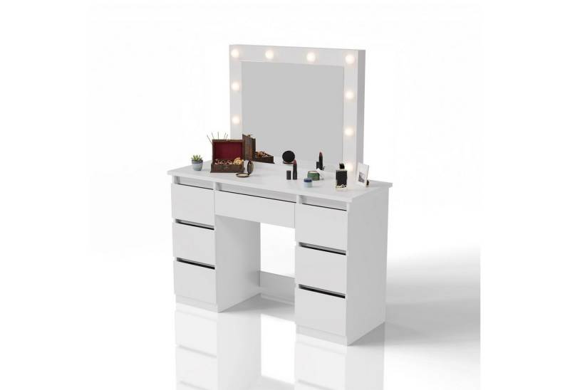 Juskys Schminktisch Talea (3-St), LED-Beleuchtung, 3 Helligkeitsstufen, modern, 7 Schubladen, Stauraum von Juskys