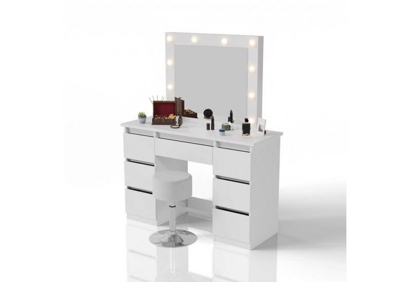 Juskys Schminktisch Talea (3-St), LED-Beleuchtung, 3 Helligkeitsstufen, modern, 7 Schubladen, Stauraum von Juskys