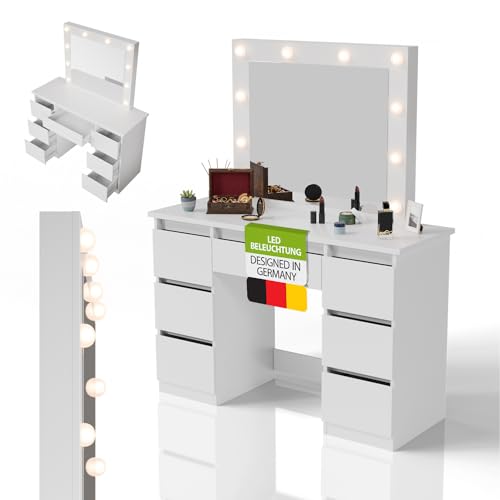Juskys Schminktisch Talea mit LED-Spiegel, 7 Schubladen, individuelle Lichteinstellung, viel Stauraum, modernes Design, kompakt & pflegeleicht — Weiß Juskys Schminktisch Talea mit LED-Spiegel, 7 Schubladen, individuelle Lichteinstellung, viel Stauraum, modernes Design, kompakt & pflegeleicht — Weiß von Juskys