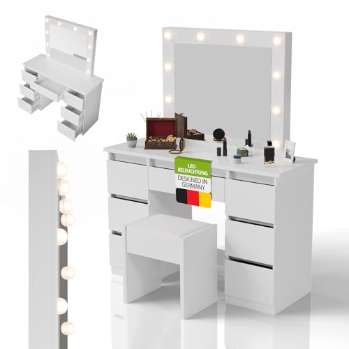 Juskys Schminktisch Talea mit LED-Spiegel und Hocker Melly, 7 Schubladen, individuelle Lichteinstellung, viel Stauraum, modernes Design, kompakt & pflegeleicht — Weiß Juskys Schminktisch Talea mit LED-Spiegel und Hocker Melly, 7 Schubladen, individuelle Lichteinstellung, viel Stauraum, modernes Design, kompakt & pflegeleicht — Weiß von Juskys