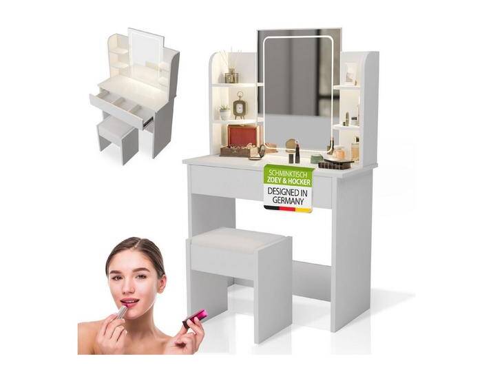 Juskys Schminktisch Zoey, Touch-LED-Spiegel mit 3 Stufen, inkl. Hocker, Stauraum, Ablageflächen, weiß, LED-Spiegel Juskys Schminktisch Zoey, Touch-LED-Spiegel mit 3 Stufen, inkl. Hocker, Stauraum, Ablageflächen, weiß, LED-Spiegel von Juskys