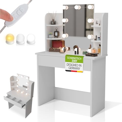 Juskys Schminktisch Zoey mit LED-Beleuchtung, großer Spiegel mit Rahmen, Schublade & Regal, viel Stauraum, pflegeleicht & modern — Weiß von Juskys