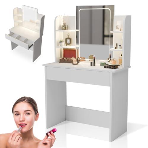Juskys Schminktisch Zoey mit LED-Spiegel, großer Touch-LED-Spiegel mit Rahmen, Schublade & Regal, viel Stauraum, pflegeleicht & modern — Weiß von Juskys