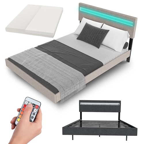 Juskys Schwebebett Lissabon 140x200 cm beige mit Matratze - Polsterbett mit LED, Lattenrost & Kopfstütze - Modernes Doppelbett aus Holz und Leinen von Juskys