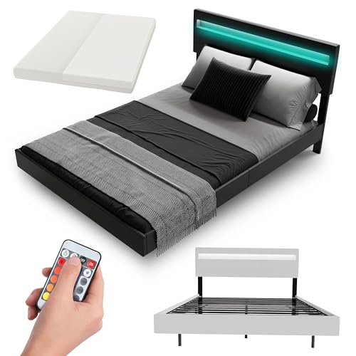 Juskys Schwebebett Lissabon 140x200 cm schwarz mit Matratze - Polsterbett mit LED, Lattenrost und Kopfstütze - Modernes Bett mit Holz Bettgestell und Kunstleder von Juskys