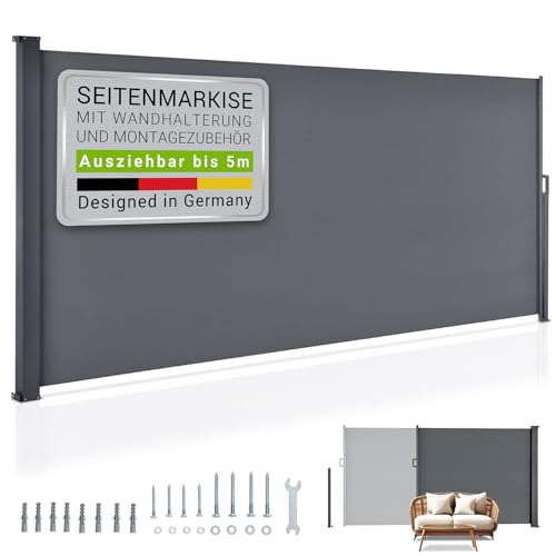 Juskys Seitenmarkise Dubai 500 x 160 cm ausziehbar Blickdicht, Sichtschutz für Balkon & Terrasse, Seitenrollo Wandhalterung - anthrazit von Juskys