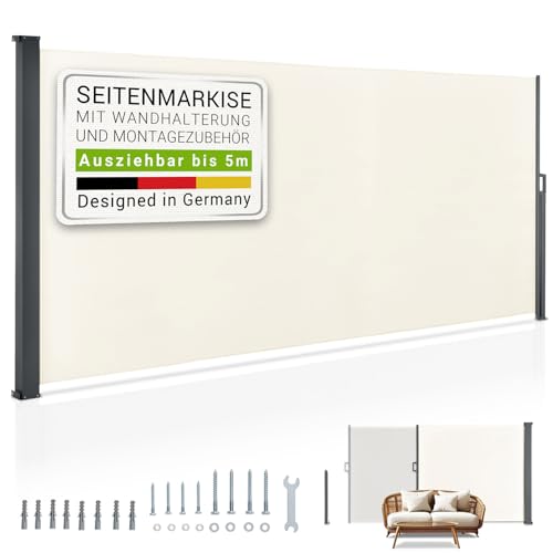 Juskys Seitenmarkise Dubai 500 x 180 cm ausziehbar Blickdicht, Sichtschutz für Balkon & Terrasse, Seitenrollo Wandhalterung - beige von Juskys