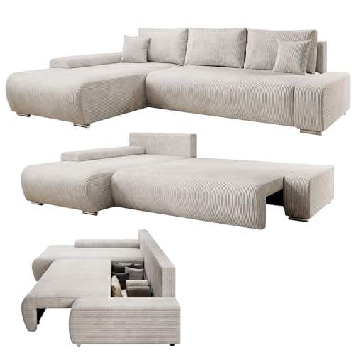 Juskys Sofa Iseo Links mit Schlaffunktion - Stoff Couch L Form für Wohnzimmer, bequem, ausziehbar - Schlafsofa Ecksofa Eckcouch Schlafcouch Beige von Juskys