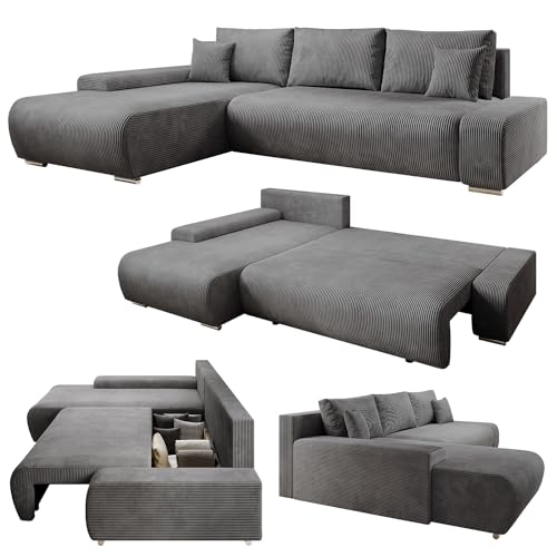 Juskys Sofa Iseo Links mit Schlaffunktion - Stoff Couch L Form für Wohnzimmer, bequem, ausziehbar - Schlafsofa Ecksofa Eckcouch Schlafcouch Dunkelgrau von Juskys